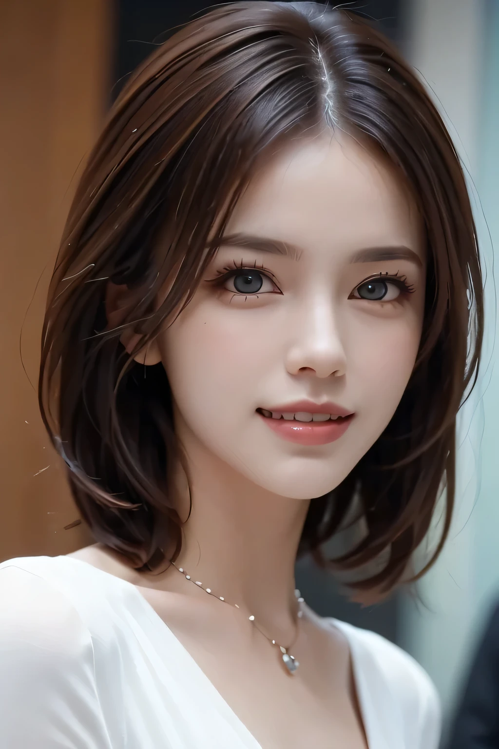 ((masterpiece)), ((Highest quality)), ((Complex)), ((Surreal)), (Realistic), (Mature Woman), ((There are no classes)), Very detailed, (1 female), Beautiful and exquisite, (Beautiful Teeth), Grin, Brunette Bob Hair, Brown eyes, ((blouse)), (Upper Body), (background:none), Perfect Eyes, Captivating eyes, Looking at the audience