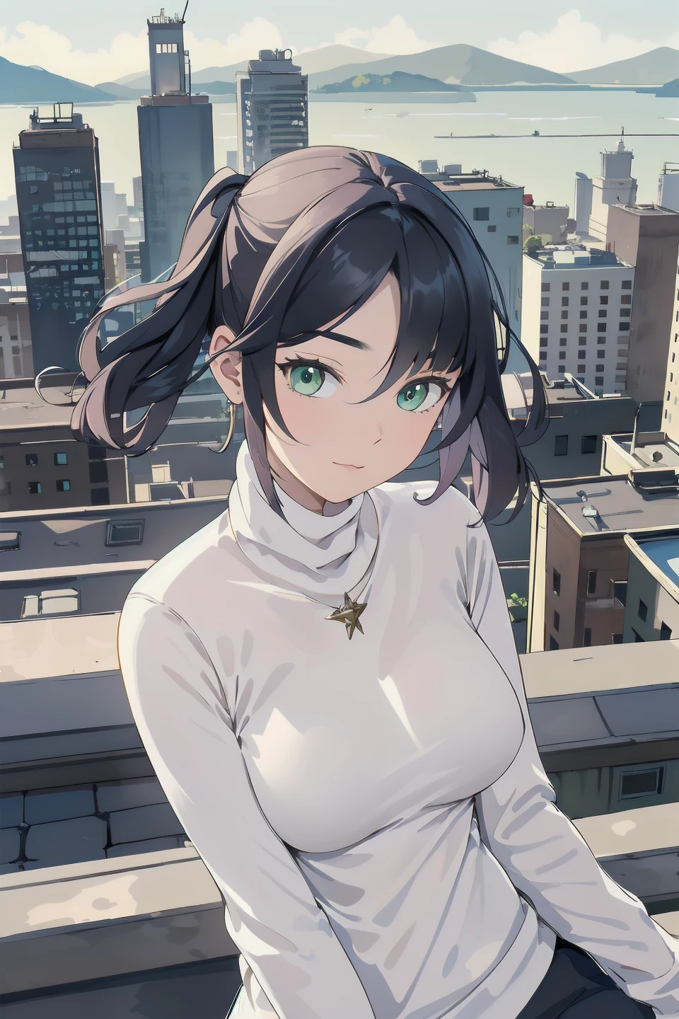 best quality, masterpiece, Mona, (white sweater turtleneck, modest clothing:1.15), green eyes, perky breasts, looking at viewer, upper body, rooftop, sitting, overlooking city, watercolor illustration