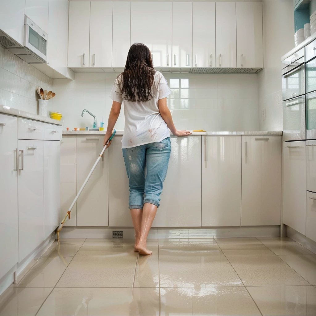 woman mopping the floor in a clean kitchen with a mop, wet floors, clean, wet floor, very crisp, shiny floors, at home, domestic, english, water on the floor, super clean, cute woman, sweeping, teenage girl, a messy, tile floor, maintenance, brilliant, mixed art, very clean, istock, cleanest image, wash