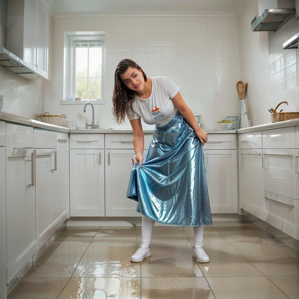 woman mopping the floor in a clean kitchen with a mop, wet floors, clean, wet floor, very crisp, shiny floors, at home, domestic, english, water on the floor, super clean, cute woman, sweeping,  girl, a messy, tile floor, maintenance, brilliant, mixed art, very clean, istock, cleanest image, wash