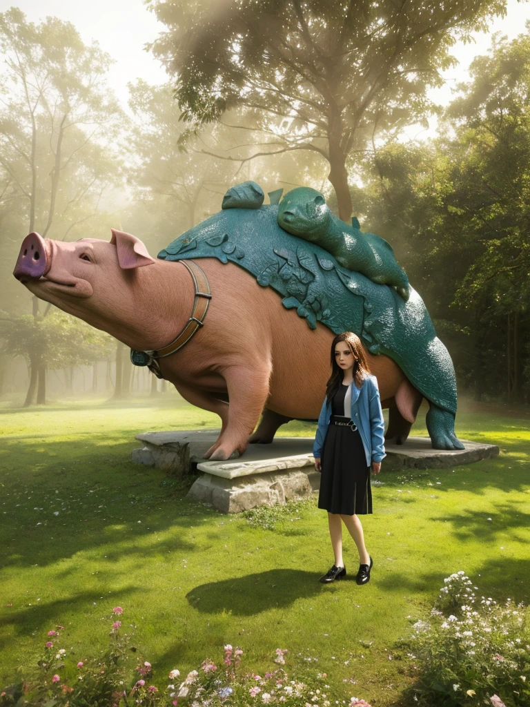 (In 8K、Highest quality、masterpiece:1.2)、(Realistic、Photorealistic:1.2)、there is a woman standing in front of a Sculpture of a fish, giant pig, myself, giant Sculpture, giant alice in wonderland, Rachel Lekitt, Photos taken in 2020, Sculpture!!, Tardigrade statue in the forest, 素晴らしいmasterpiece, 美しいmasterpiece, Strange works of art, 素晴らしいmasterpiece, plastic