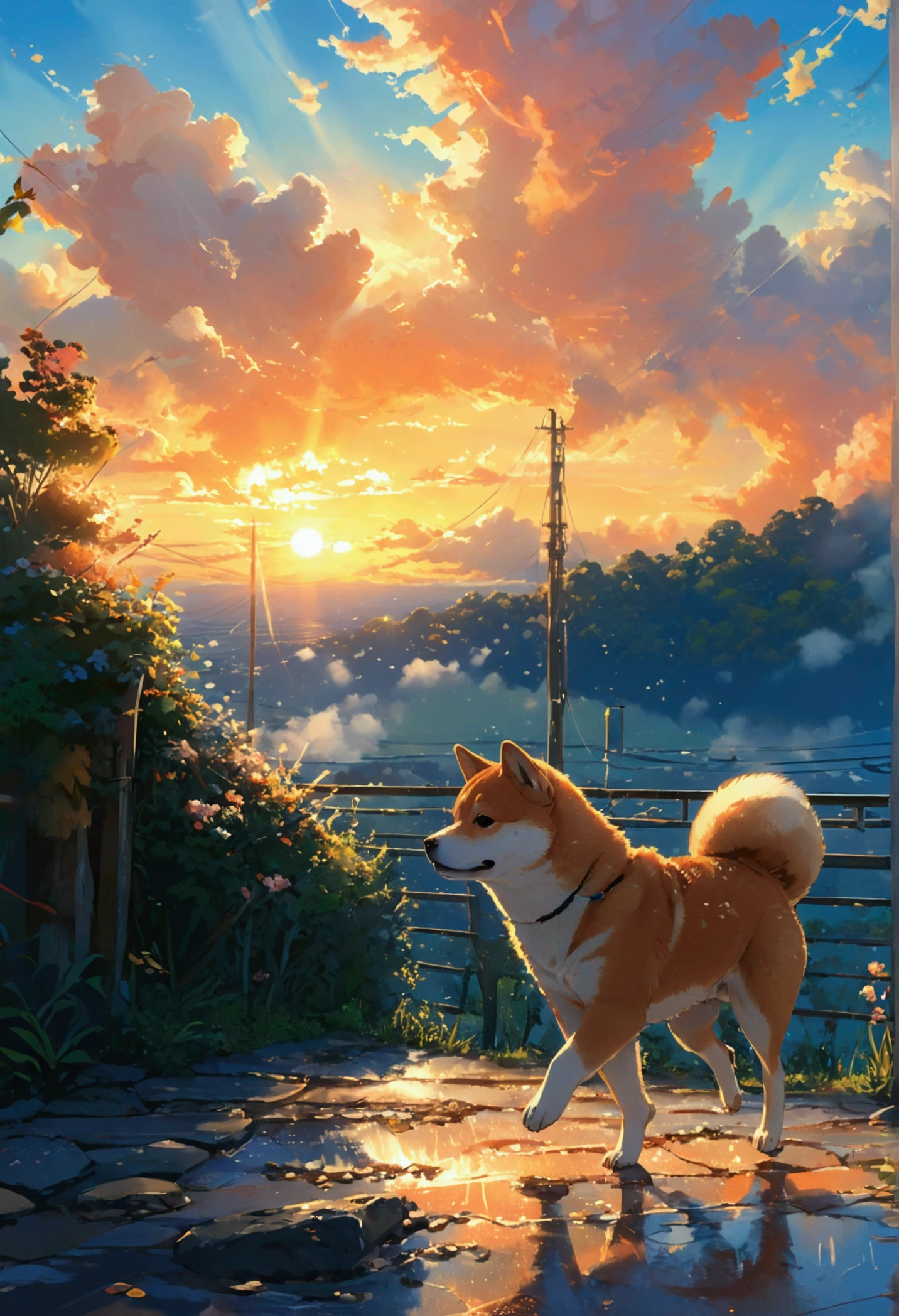 Makoto Shinkai Taste, Beautiful sky, (A running Shiba Inu puppy, Detailed eyes ),Romantic Landscape, Healing scenes, Light pours in,hope, Makoto Shinkai Taste,Detailed Description, Japanese school, Sunset,