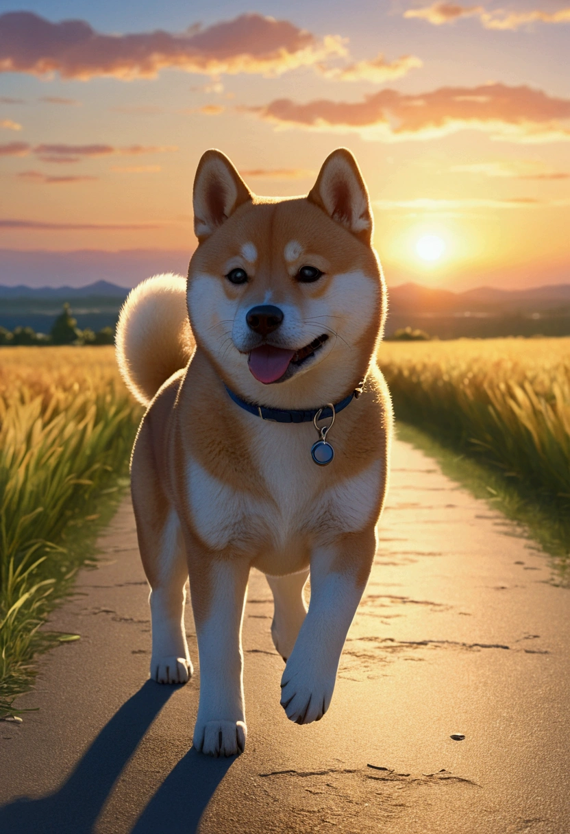 Makoto Shinkai Taste, Beautiful sky, (A running Shiba Inu puppy, Detailed eyes ),Romantic Landscape, Healing scenes, Light pours in,hope, Makoto Shinkai Taste,Detailed Description, Japanese school, Sunset,