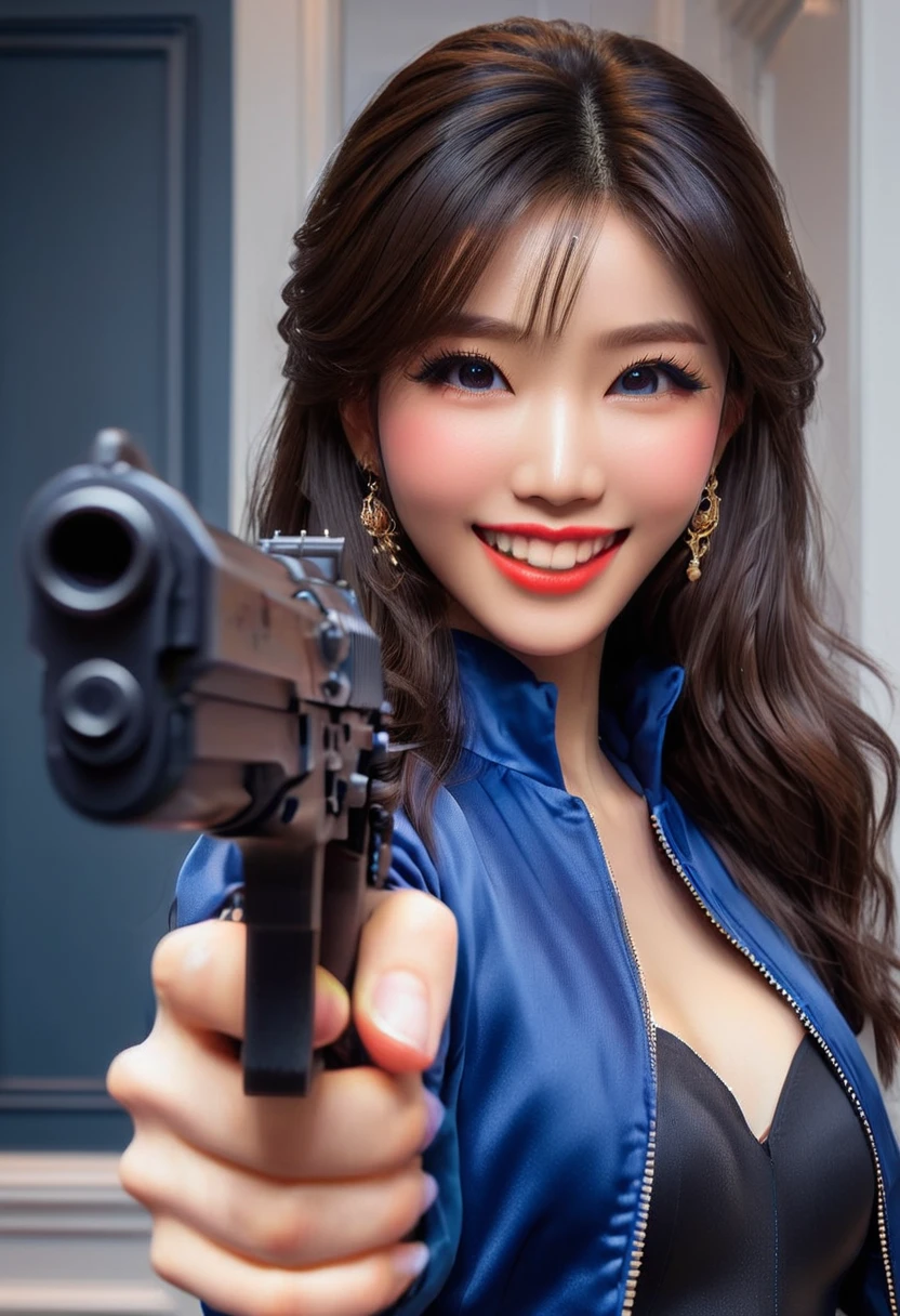 Half body photo, 1 beautiful Asian girl; coy smile, royal blue satin bomber jacket; (holding a m16 rifle in in her hands:1.4), m16 rifle black satin skirt,, long hair,wearing jewelry, natural makeup, extremely detailed eyes and face, lovely smile, delicate blush, sensuous lips, intricate facial details, perfect skin, flawless skin texture perfect, ; standing in a long hallway with many doors, evening lighting, vivid colors, , subtle , dreamy, luxurious atmosphere, low lighting; Super high quality, surreal, 8K, high resolution, masterpiece, detailed, extremely magical, professional cinematic lighting, , vibrant colors; Fine brushstrokes,ethereal vibe,mesmerizing gaze,dreamy atmosphere,blending elegance,subtle color gradients,,understated beauty. In the background several men lay unconscious on the hallway floor