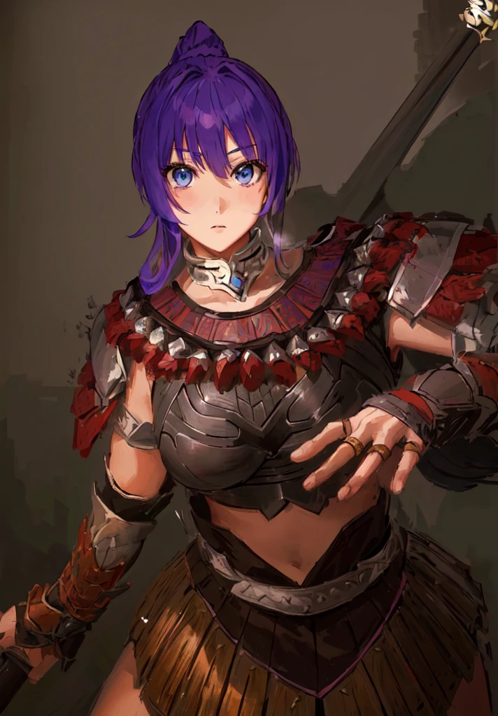 Wearing armor、Anime image of a woman holding a spear, Armor Girl, With scaly armor, Purple Armor, wearing monster hunter armor, A very beautiful berserker woman,Anime Art,Three Kingdoms志,Three Kingdoms。big boods,big ,huge ,sex body,Purple Hair,Blue Eyes,Black Leather,Brown skin,dark skin,