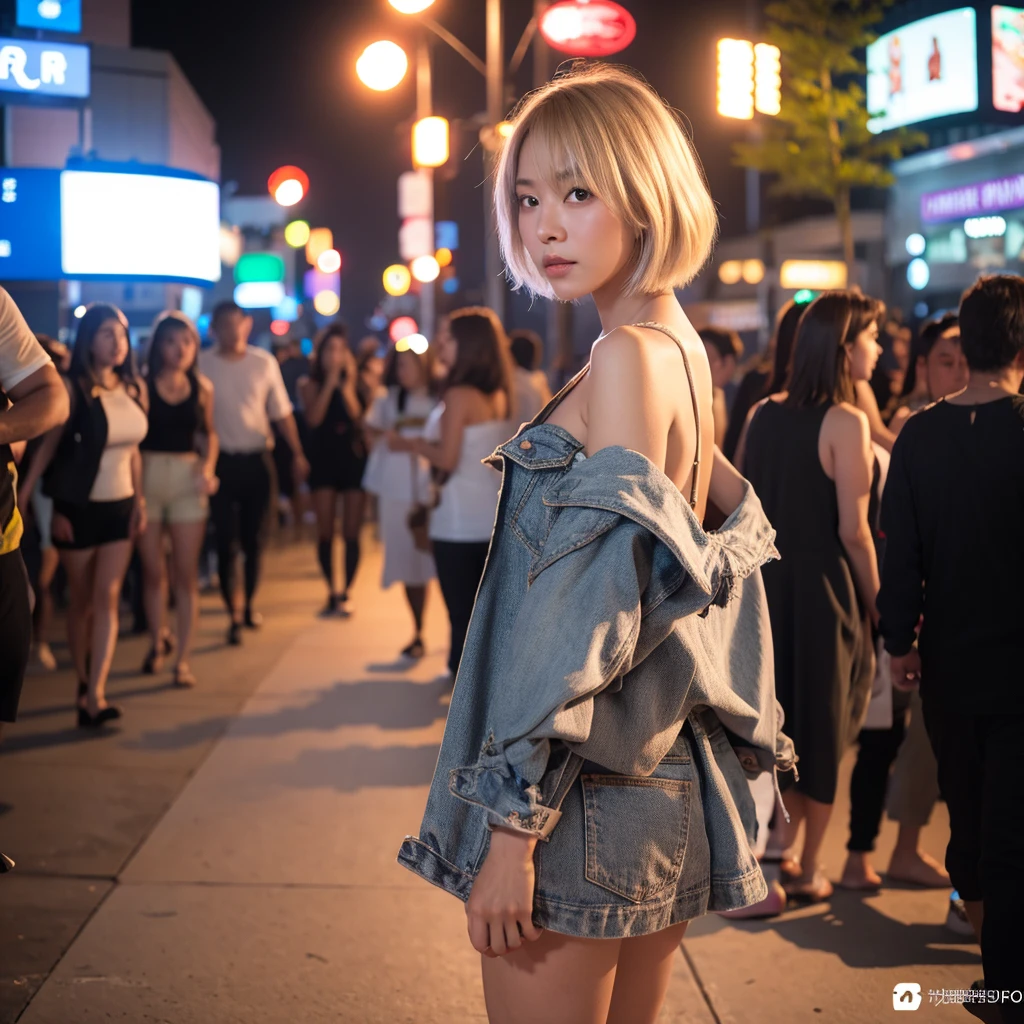 high quality,master piece,by famous artist,a girl, one girl,solo focus,alone,4K,8K,raw photo,full body,standing,bloom,Japanese women,Clear,seems kind,Calm,Fair skin,h cup bust,Beautiful woman,short blonde hair,one girl,Casual Style,Nightclub in the background,night,The crowd is around,one girl