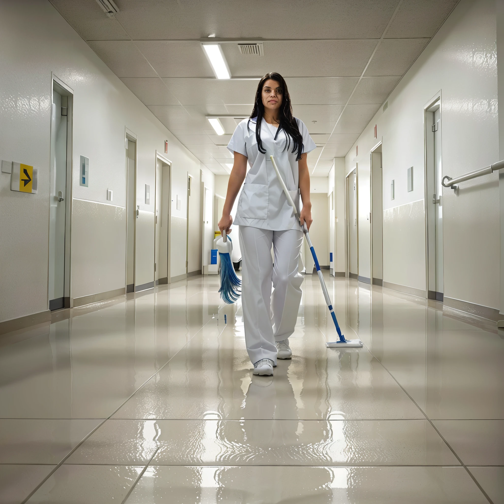 woman mopping the floor in a hospital hallway with a mop, clean detailed, majestic sweeping action, clean, shiny floors, sweeping, cleanest image, extremely clean, clean and neat, sharpness. clean, clean medical environment, wet floors, smooth clean surfaces, decorative, very clean, pristine and clean, super clean, professional work, very very clean