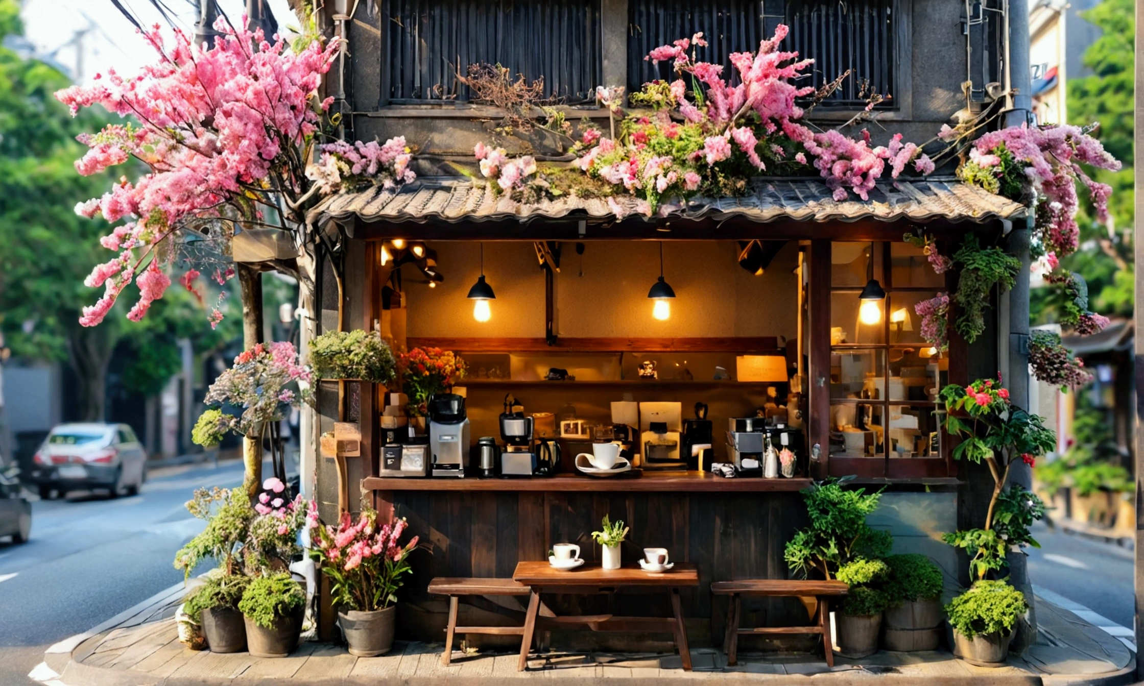 日本の街角に小さなcoffee shopがあります。coffee shopの前には緑の木々Lined up、The flowers are in full bloom and give off a faint fragrance。木漏れ日がcoffee shopの前に美しい光の線を描いています。 coffee shopのテラスは角にあり、People passing by on the street々You can see the cars。Sit on the terrace and relax with a cup of coffee、You can enjoy the scenery along the road。 coffee shopのテーブルと椅子は木製で、A bouquet of fresh flowers is placed on the table。On the black sign「coffee shop」It is written that。
