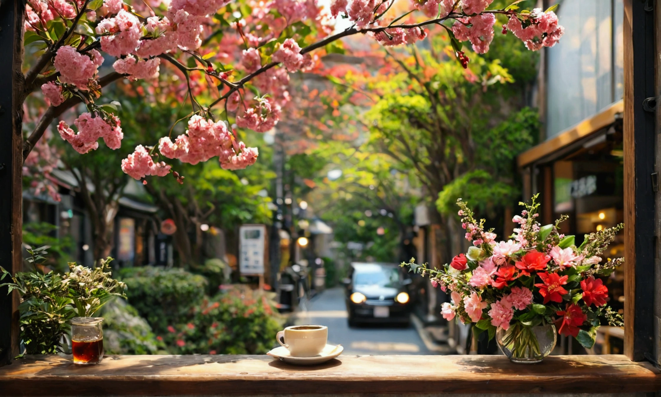 日本の街角に小さなcoffee shopがあります。coffee shopの前には緑の木々Lined up、The flowers are in full bloom and give off a faint fragrance。木漏れ日がcoffee shopの前に美しい光の線を描いています。 coffee shopのテラスは角にあり、People passing by on the street々You can see the cars。Sit on the terrace and relax with a cup of coffee、You can enjoy the scenery along the road。 coffee shopのテーブルと椅子は木製で、A bouquet of fresh flowers is placed on the table。On the black sign「coffee shop」It is written that。
