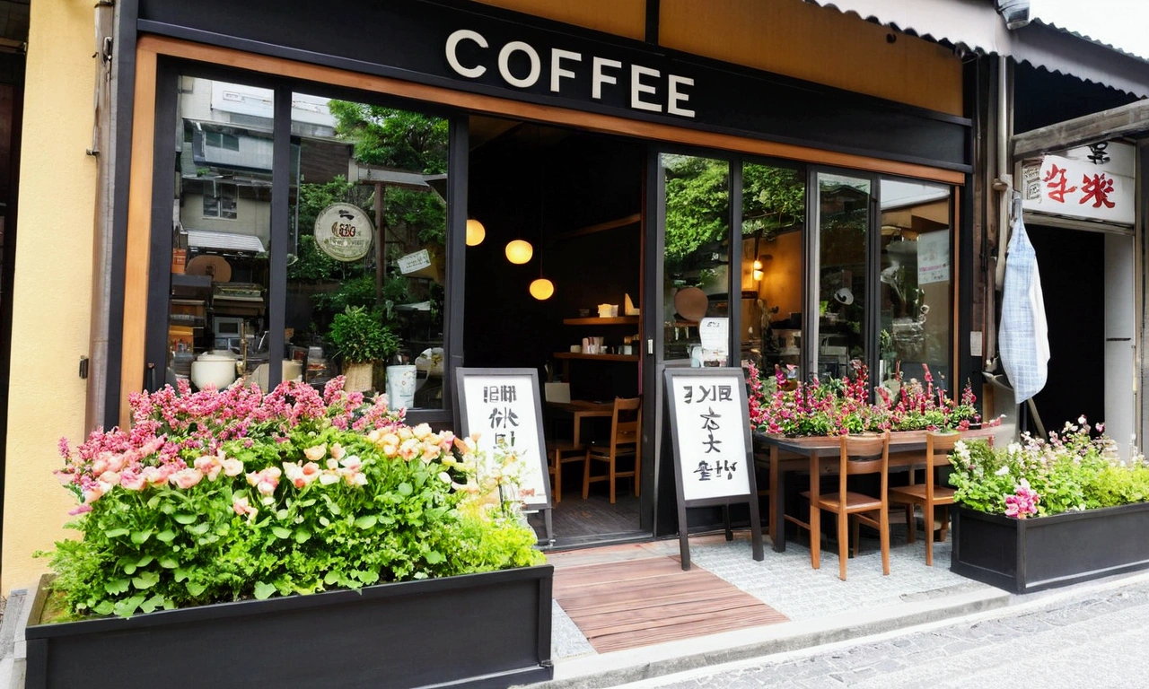 日本の街角に小さなcoffee shopがあります。coffee shopの前には緑の木々Lined up、The flowers are in full bloom and give off a faint fragrance。木漏れ日がcoffee shopの前に美しい光の線を描いています。 coffee shopのテラスは角にあり、People passing by on the street々You can see the cars。Sit on the terrace and relax with a cup of coffee、You can enjoy the scenery along the road。 coffee shopのテーブルと椅子は木製で、A bouquet of fresh flowers is placed on the table。On the black sign「coffee shop」It is written that。
