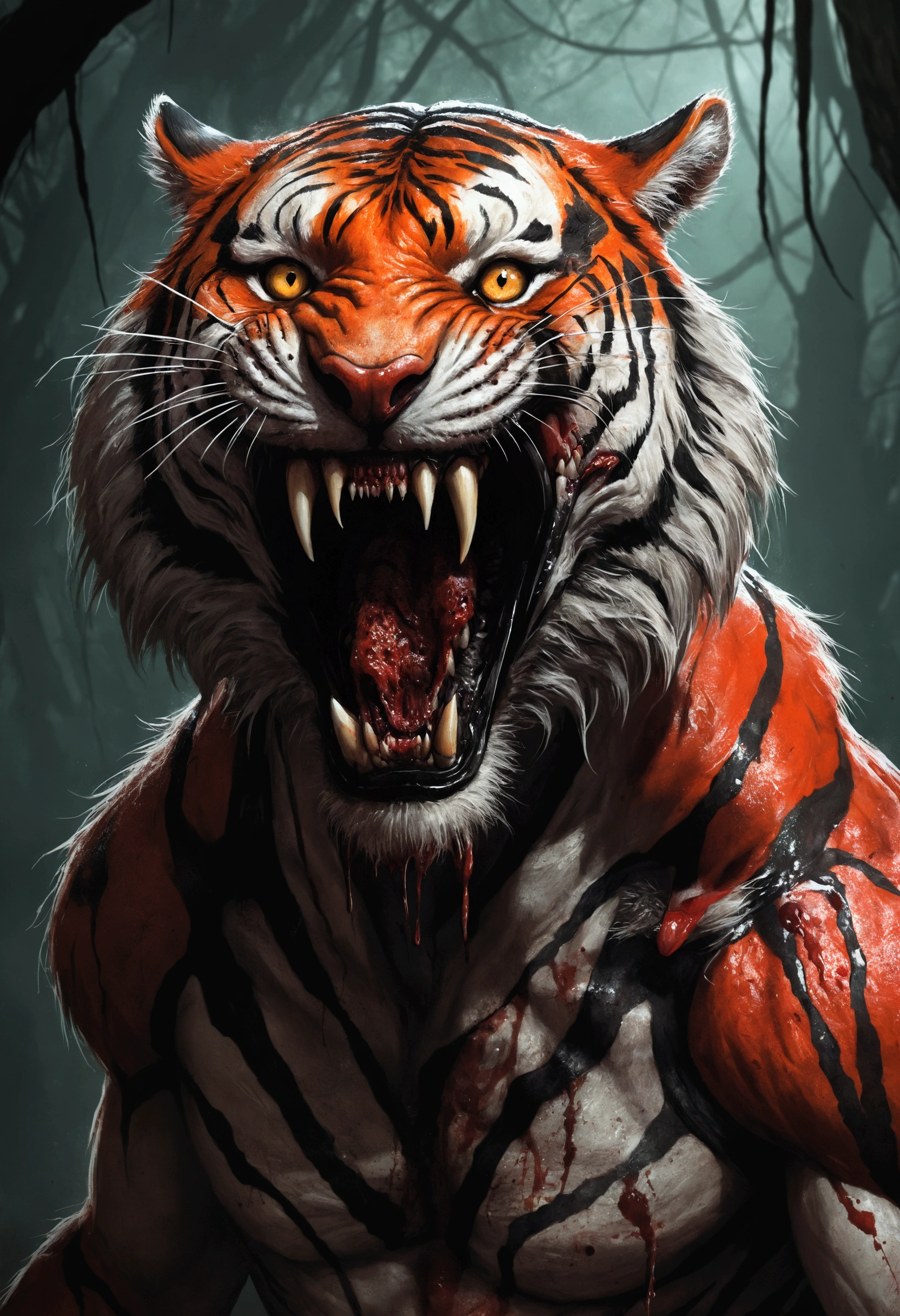 A painting of a humanoid tiger creature with a bloodied fangs, carnage, Sci - Horror Art of Fiction, Science fiction horror artwork, inspired by Aleksi Briclot, tiger, de carnage, Horror fantasy art, par Aleksi Briclot, Horror concept art, venin, Art fantastique et horreur, Detailed illustration of 4K horror, beast creature, Dark Horror Art