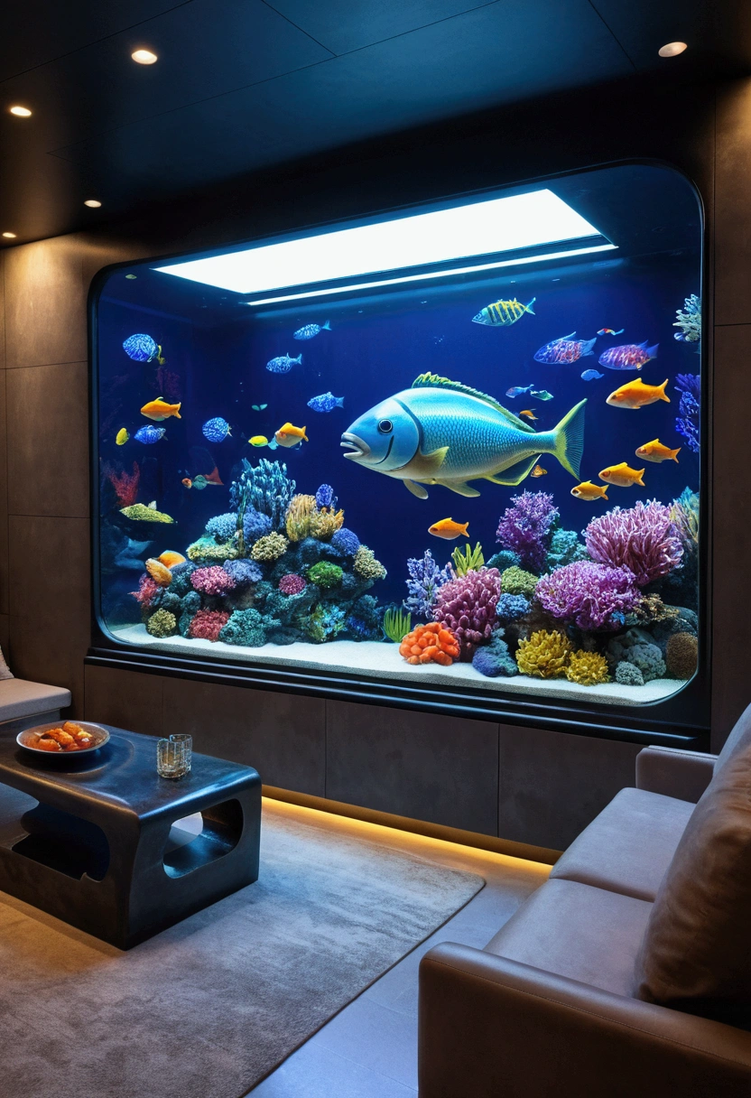 Futuristic yet cozy interior design with attention to detail, One of the walls、The tank is in the shape of a large truck and is filled with colorful fish.。, High resolution, --16 pieces:9 --s 750 --v 5.1