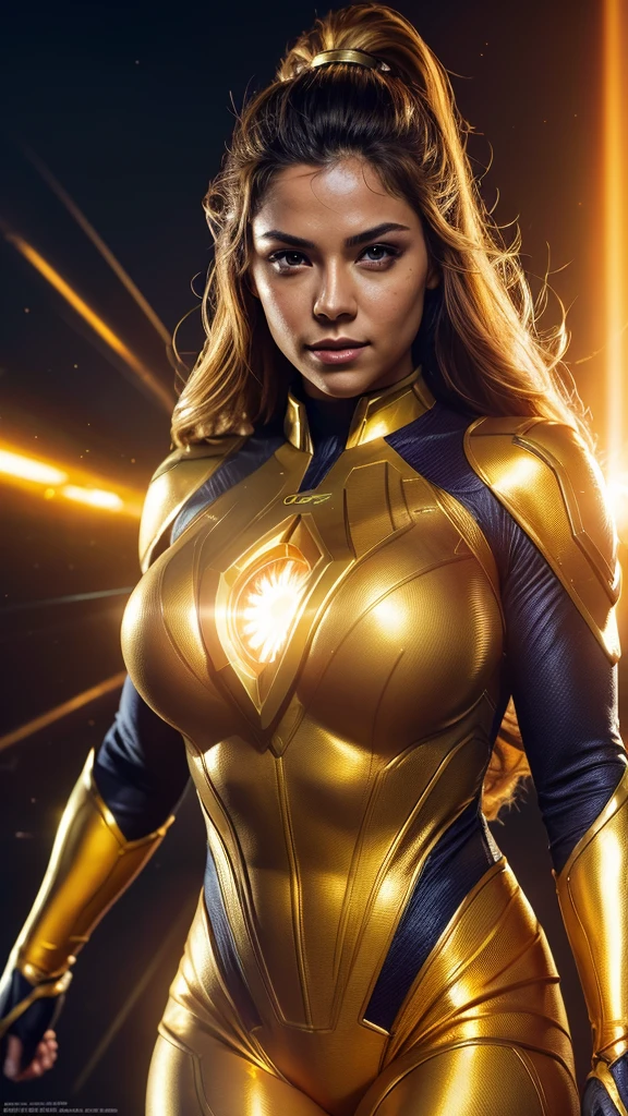 a solar-powered female superhero, solaris, detailed portrait, photorealistic, glowing golden suit, solar blasts, flight with radiant energy, muscular body, intense gaze, detailed facial features, dynamic pose, sun rays, dramatic lighting, vibrant colors, cinematic composition, hyper-realistic, 8k, masterpiece