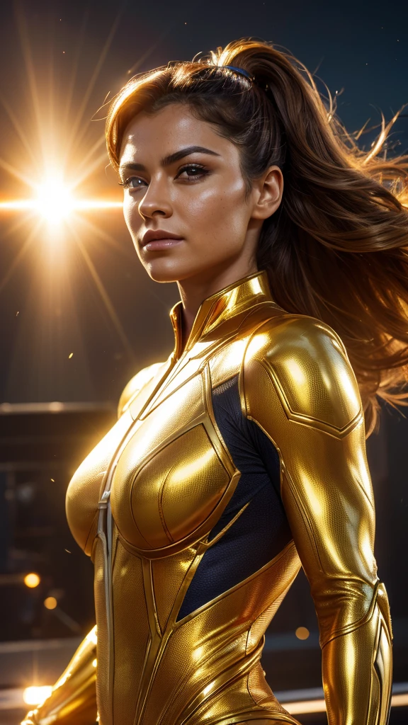 a solar-powered female superhero, solaris, detailed portrait, photorealistic, glowing golden suit, solar blasts, flight with radiant energy, muscular body, intense gaze, detailed facial features, dynamic pose, sun rays, dramatic lighting, vibrant colors, cinematic composition, hyper-realistic, 8k, masterpiece