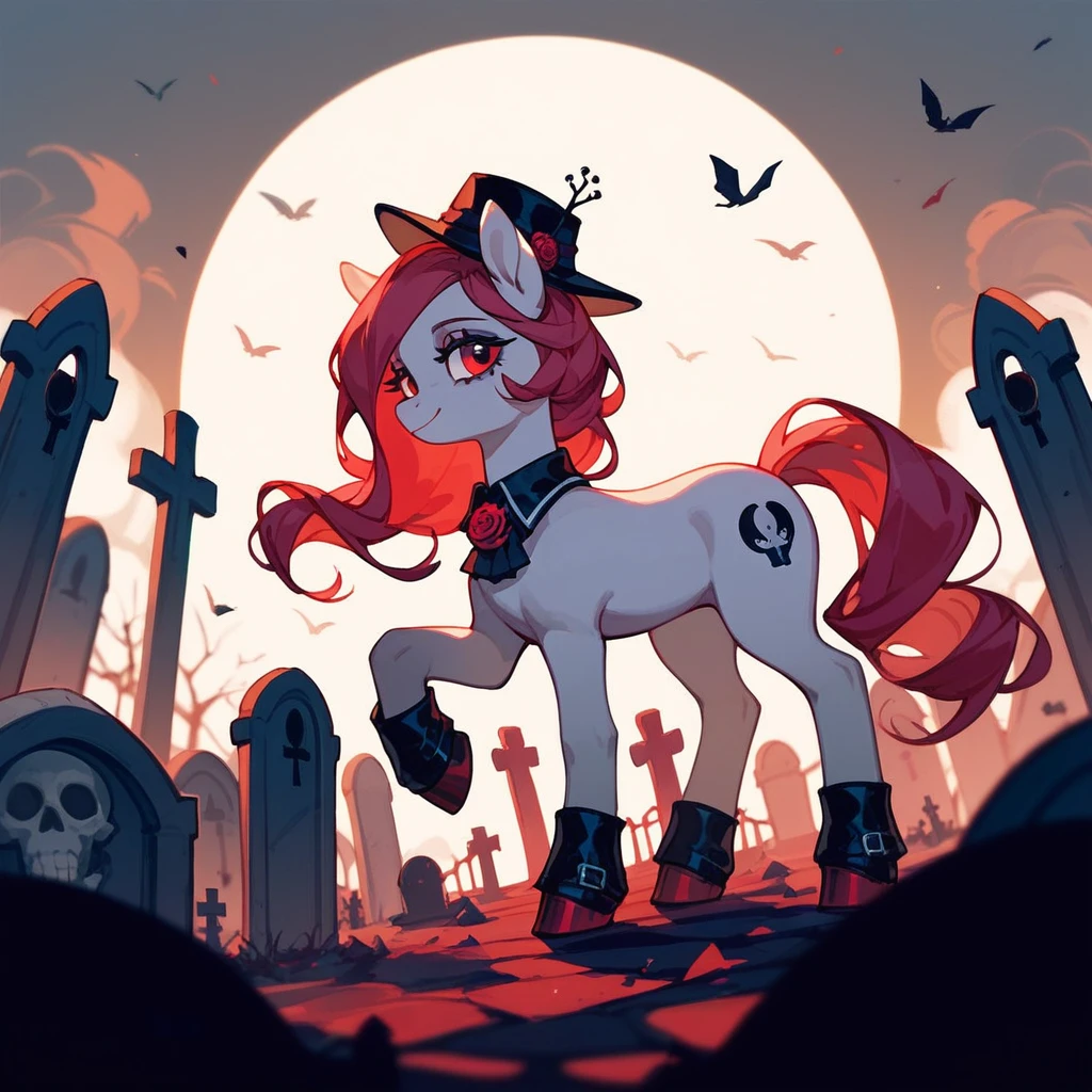 score_9,score_8_up,score_7_up,score_6_up, ((my little pony)), radiant lighting, vibrant colors, whimsical atmosphere, 8K, high resolution, highly detailed, masterpiece, behind view, white body, long red wavy hair, earrings, red eyes, (stern look), black-red striped stockings, showing pussy, dripping pussy:1.2, tombstone cutie mark, goth cutie mark, (breasts), big butt, on the tombstone, ((pony body))