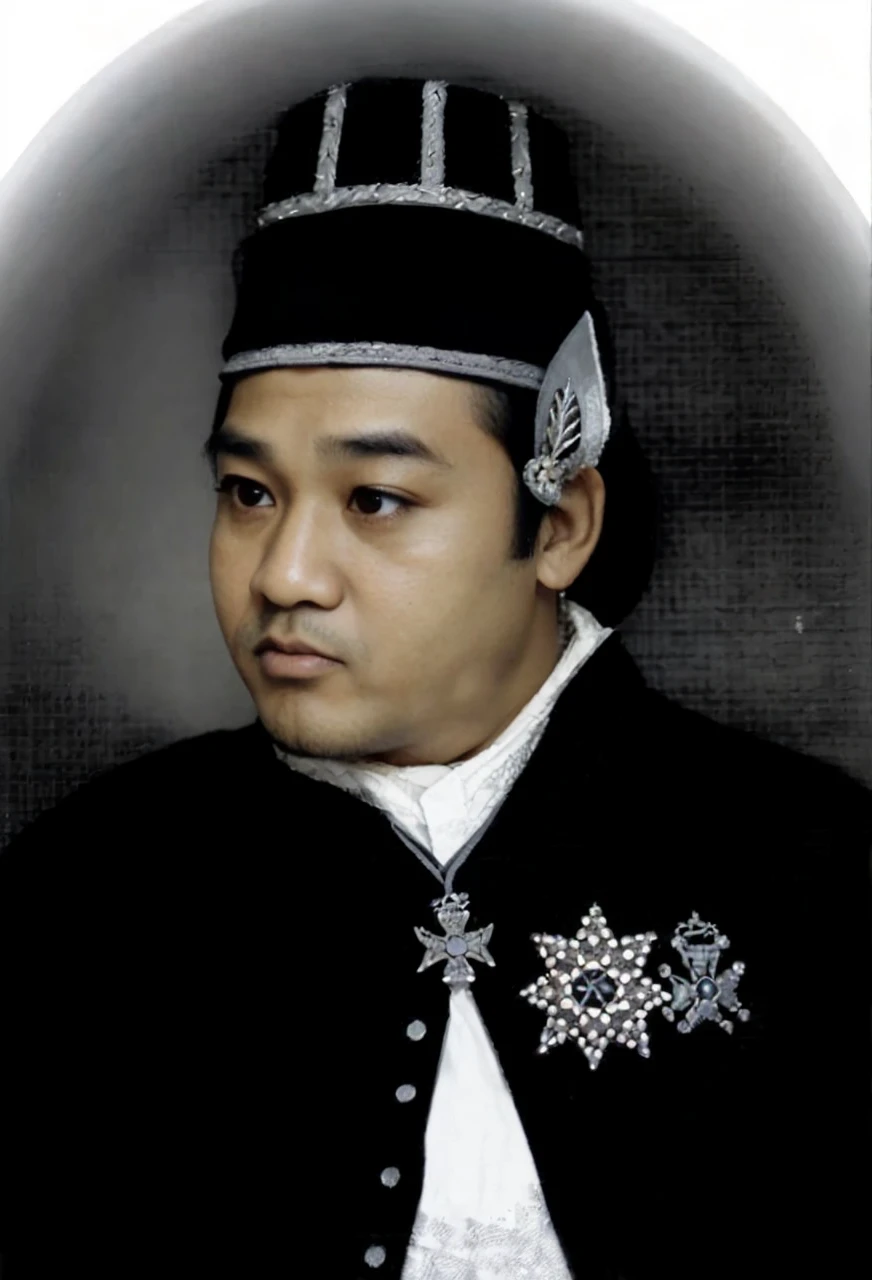 Indonesian Muslim men, aged 40 years and over, wearing clothes that have the feel of a regal king, black kanigaran type clothes and head coverings. round, slightly fat face, brown skin with wrinkles on the forehead, clear eyes, slightly sharp nose, slightly thick lower lip, natural black eyebrows, realistic HD quality image.