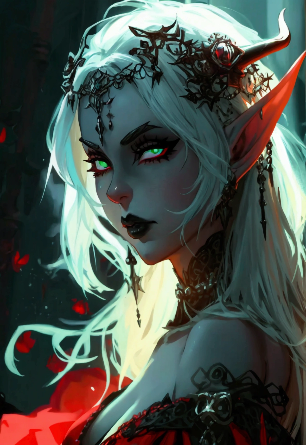 dark elf, elf ears, big breasts, big juicy ass, goth, goth girl, red-black dress