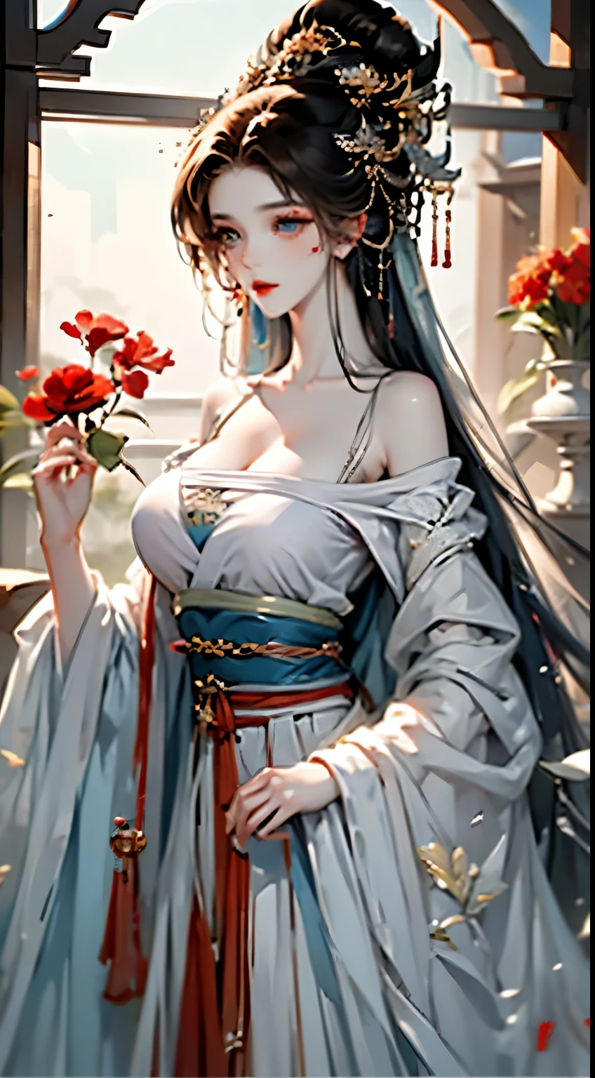 Close-up of a woman with flowers in her hair,a beautiful fantasy queen,((a beautiful fantasy queen)),palace,A girl wearing Hanfu,ancient chinese princess,Inspired by Lan Ying,Queen of China,beautiful figure painting,Hungry Ghost Festival,chinese princess,Chinese style,Inspired by Qiu Ying,ancient chinese art style