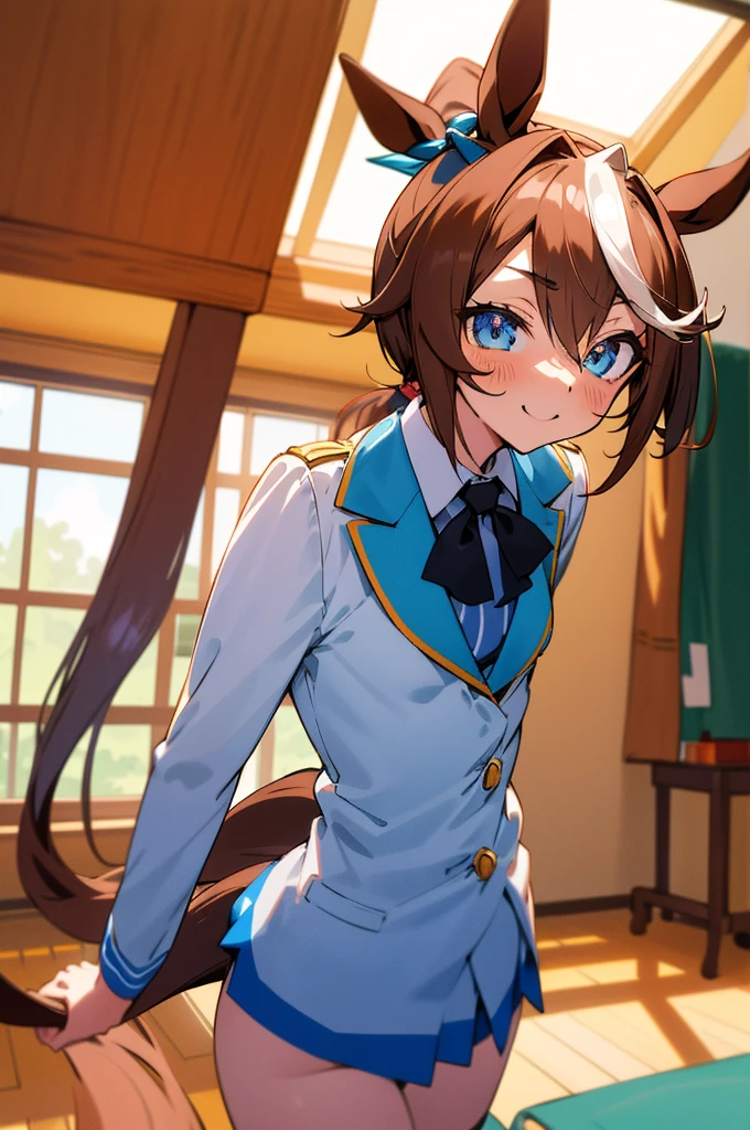 Tokai Teio \(umamusume\), ((Highly detailed eyes)), masterpiece, Highest quality, ((abnormal body, Small breasts)), (Horse tail) ,smile, blush, (indoor, office, living room), whole body, frontage, Long ponytail, (panties), (bra), (In underwear),