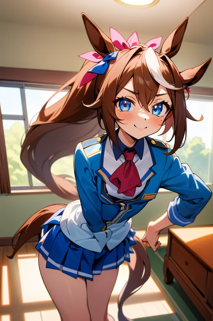 Tokai Teio \(umamusume\), ((Highly detailed eyes)), masterpiece, Highest quality, ((abnormal body, Small breasts)), (Horse tail) ,smile, blush, (indoor, office, living room), whole body, frontage, Long ponytail, (panties), (bra), (In underwear), 