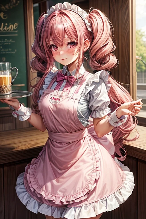 One girl,Cafe Waitress,Pink Hair,Twin tails,big tail,Curly Hair,Pink Lolita Maid,apron,Pink Eyes,blush,Embarrassed face,Girl with small,Small breasts,