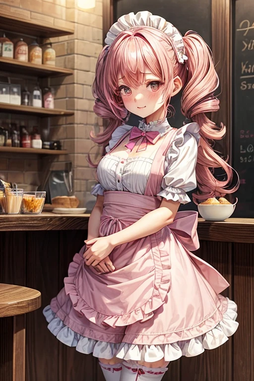 One girl,Cafe Waitress,Pink Hair,Twin tails,big tail,Curly Hair,Pink Lolita Maid,apron,Pink Eyes,blush,Embarrassed face,Girl with small,Small breasts,美しい,かわいい