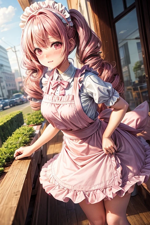 One girl,Cafe Waitress,Pink Hair,Twin tails,big tail,Curly Hair,Pink Lolita Maid,apron,Pink Eyes,blush,Embarrassed face,Girl with small,Small breasts,