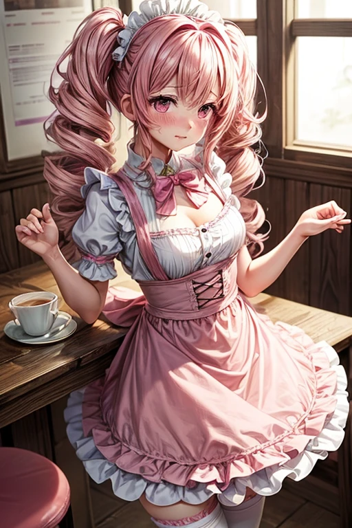 One girl,Cafe Waitress,Pink Hair,Twin tails,big tail,Curly Hair,Pink Lolita Maid,apron,Pink Eyes,blush,Embarrassed face,Girl with small,Small breasts,