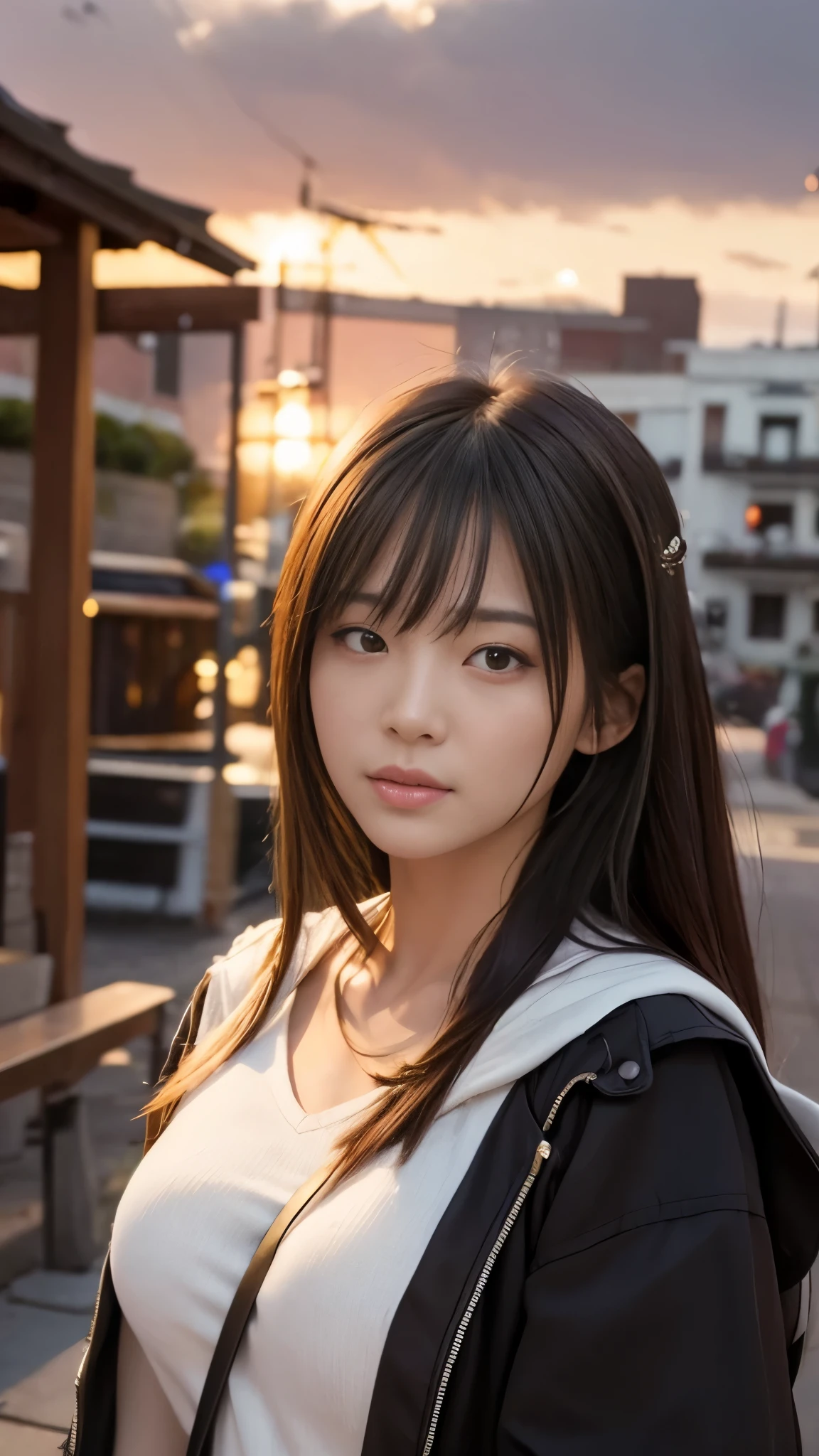 masterpiece, wonderful, high quality、high resolution、High resolution、超A high resolution、8K、realism、Real Stick、Photorealistic、Raw photo、, ((woman)), Indifference, Seriousness, bangs, (assassin), White clothes、Degrees of Freedom:1.8、Accurate anatomy、Realistic textured face and skin、Accurate anatomy:1.3、Outdoor、dusk、
