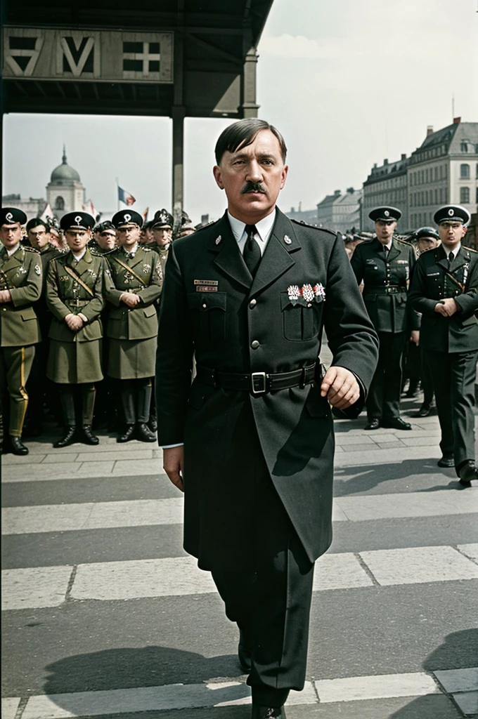arafed man in uniform standing in front of a crowd of people, inspired by Adolf trich, inspired by Adolf Born, inspired by Adolf Fényes, adolf hitler, hitler, ww 2 historical photography, ww2 historical photography, by Oskar Lüthy, inspired by Alfred Eisenstaedt, inspired by Adolf Ulric Wertmüller