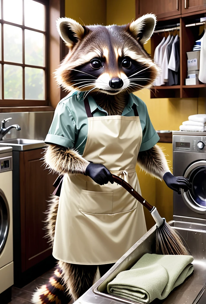 Raccoon Dry Cleaner,Hand washable for a beautiful finish,The best reputation in town,Always busy,Work clothes include an apron,Foamy front paws
