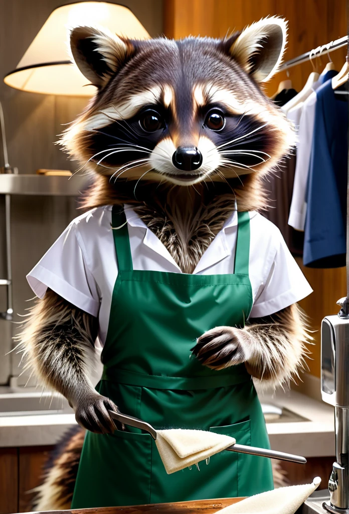 Raccoon Dry Cleaner,Hand washable for a beautiful finish,The best reputation in town,Always busy,Work clothes include an apron,Foamy front paws
