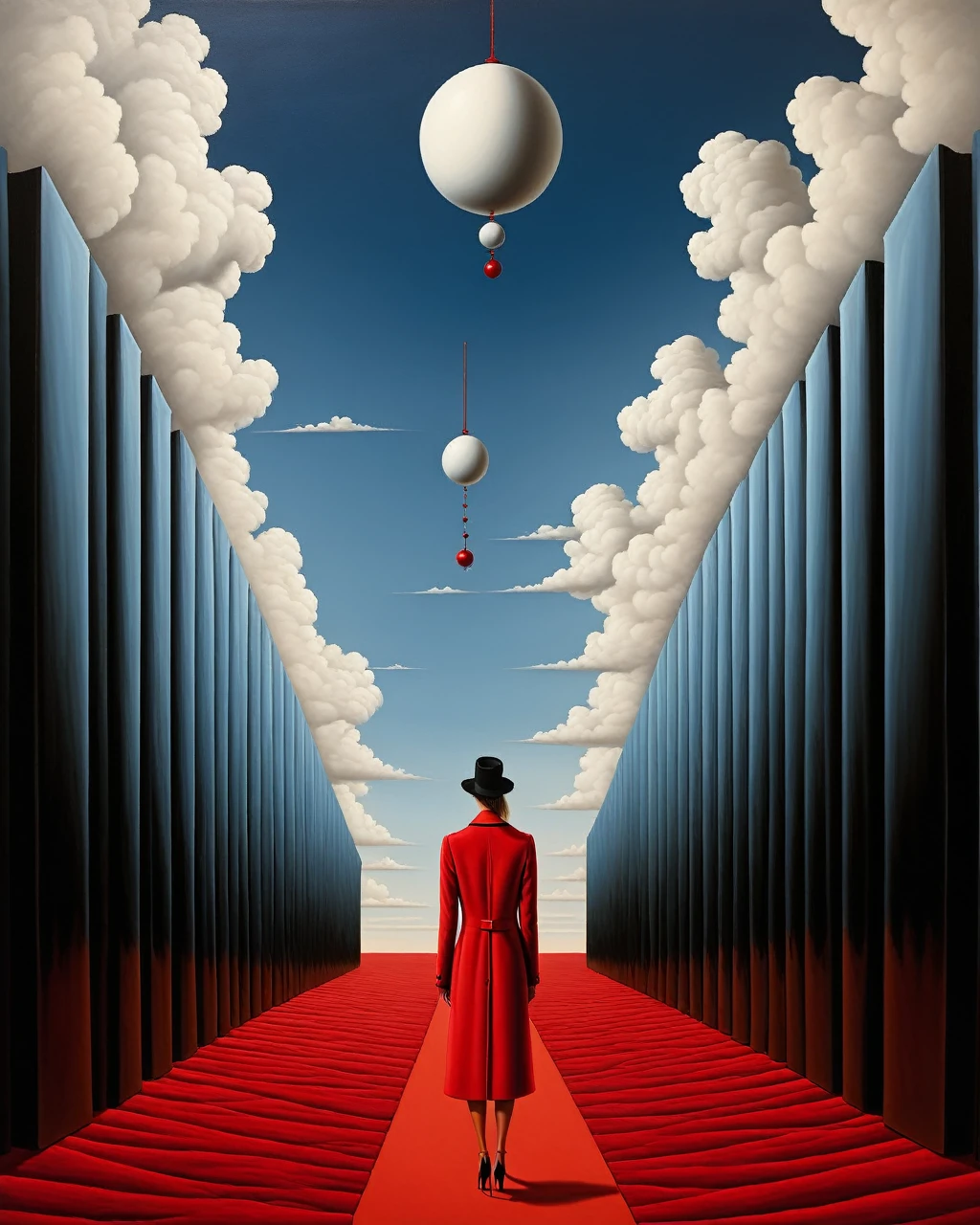 Surrealist art in the style of Rafal Olbinski,rafal olbinski style,art by Rafal Olbinski,rafal olbinskia red coat on a red carpet, inspired by Rafal Olbinski, surreal illustration, cena surreal, Alex Andreev, surreal atmosphere, dream surrealism, Not Rene Magritte style, arte digital neosurrealismo, SurrealArt, SurrealArtista emocional, surrealism background, epic uncanny surrealism, por Krzysztof Boguszewski . dream like, uncanny, Provocative, symbolic, intricate, detailded