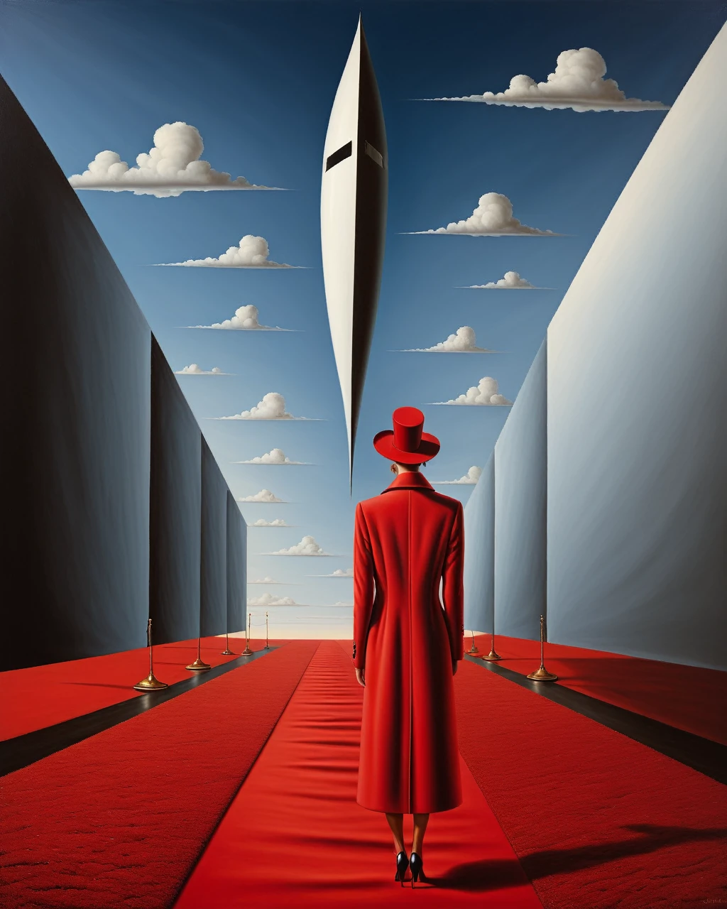 Surrealist art in the style of Rafal Olbinski,rafal olbinski style,art by Rafal Olbinski,rafal olbinskia red coat on a red carpet, inspired by Rafal Olbinski, surreal illustration, cena surreal, Alex Andreev, surreal atmosphere, dream surrealism, Not Rene Magritte style, arte digital neosurrealismo, SurrealArt, SurrealArtista emocional, surrealism background, epic uncanny surrealism, por Krzysztof Boguszewski . dream like, uncanny, Provocative, symbolic, intricate, detailded