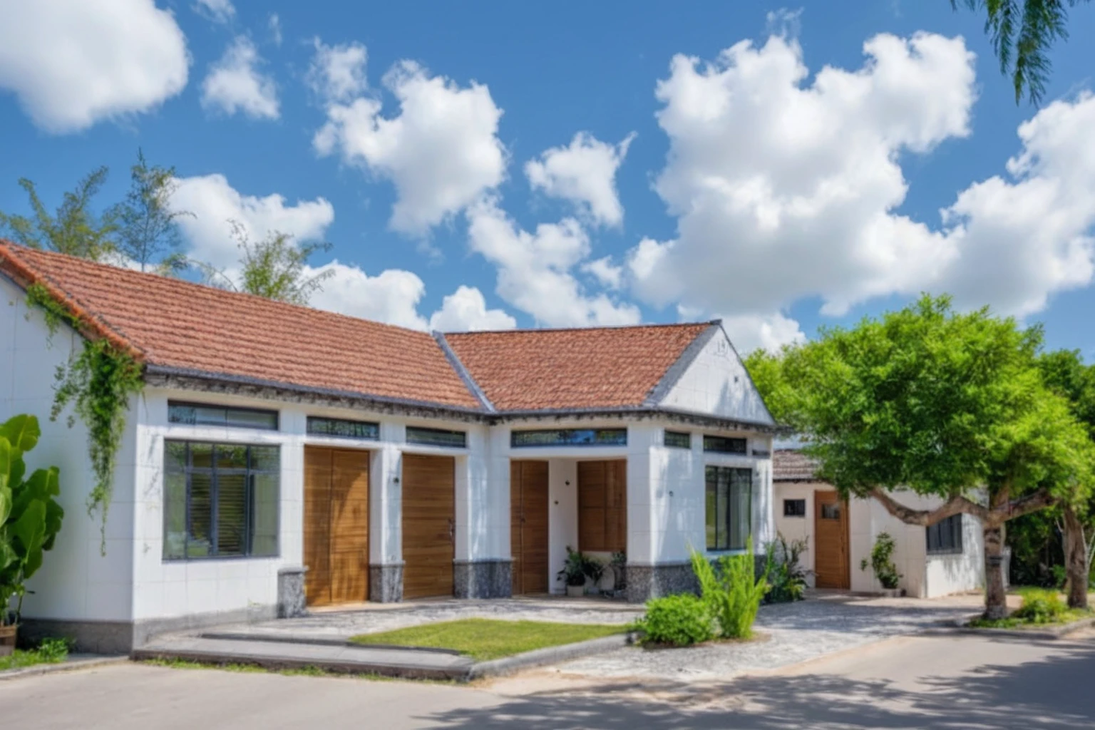 Masterpiece, high quality, best quality, authentic, super detail, outdoors, house style modern, bietthuhn , white wall, glass windows, gate road, pavement, grass, trees,blue sky, cloud, (day:1.1), realistic lighting