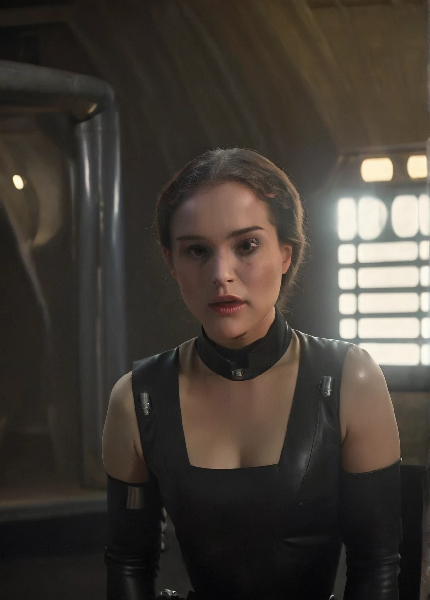 high resolution photo face close-up of p4dme woman sitting in a star wars cantina,looking at camera,black uniform,hair chignon,full body shot,Imperial officer wearing a (color) uniform depth of field,volumetric lighting,sunrise,(surreal dramatic lighting shadow)
