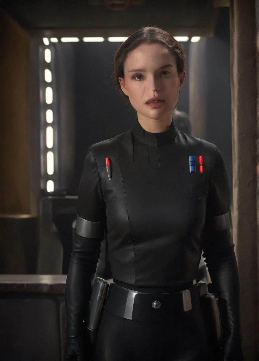 high resolution photo face close-up of p4dme woman sitting in a star wars cantina,looking at camera,black uniform,hair chignon,full body shot,Imperial officer wearing a (color) uniform depth of field,volumetric lighting,sunrise,(surreal dramatic lighting shadow)
