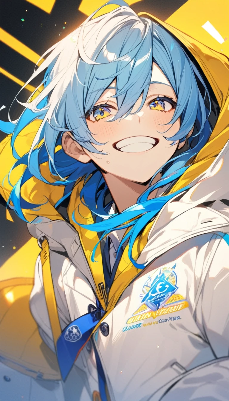 1 boy,yellow and blue hair,yellow and blue eyes,,white open school blazer with logo,yellow hoodie inside,bright smile, 