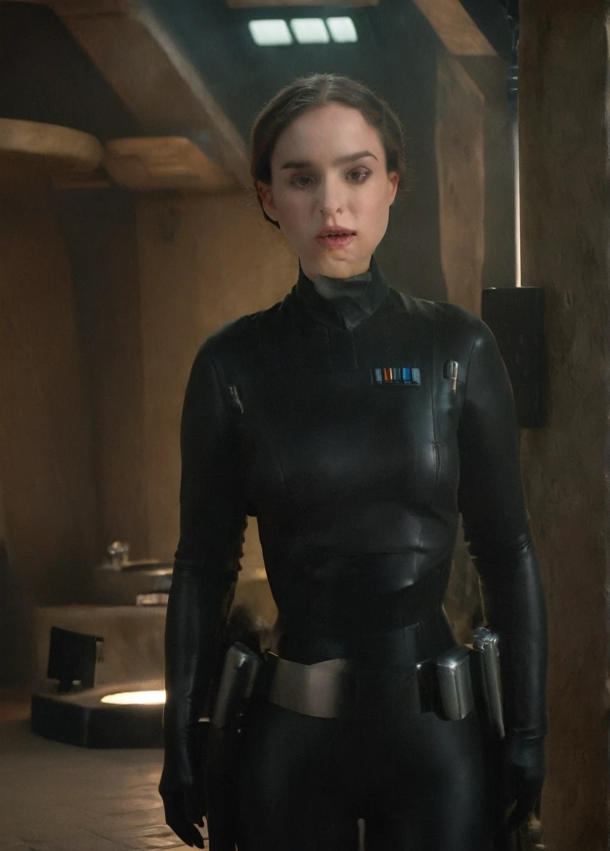 high resolution photo face close-up of p4dme woman sitting in a star wars cantina,looking at camera,black uniform,hair chignon,full body shot,Imperial officer wearing a (color) uniform depth of field,volumetric lighting,sunrise,(surreal dramatic lighting shadow)
