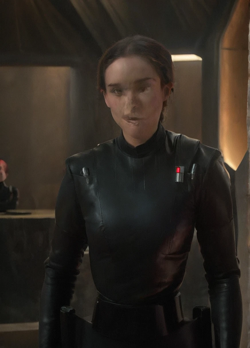 high resolution photo face close-up of p4dme woman sitting in a star wars cantina,looking at camera,black uniform,hair chignon,full body shot,Imperial officer wearing a (color) uniform depth of field,volumetric lighting,sunrise,(surreal dramatic lighting shadow)
