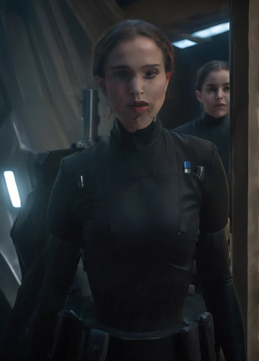 high resolution photo face close-up of p4dme woman sitting in a star wars cantina,looking at camera,black uniform,hair chignon,full body shot,Imperial officer wearing a (color) uniform depth of field,volumetric lighting,sunrise,(surreal dramatic lighting shadow)
