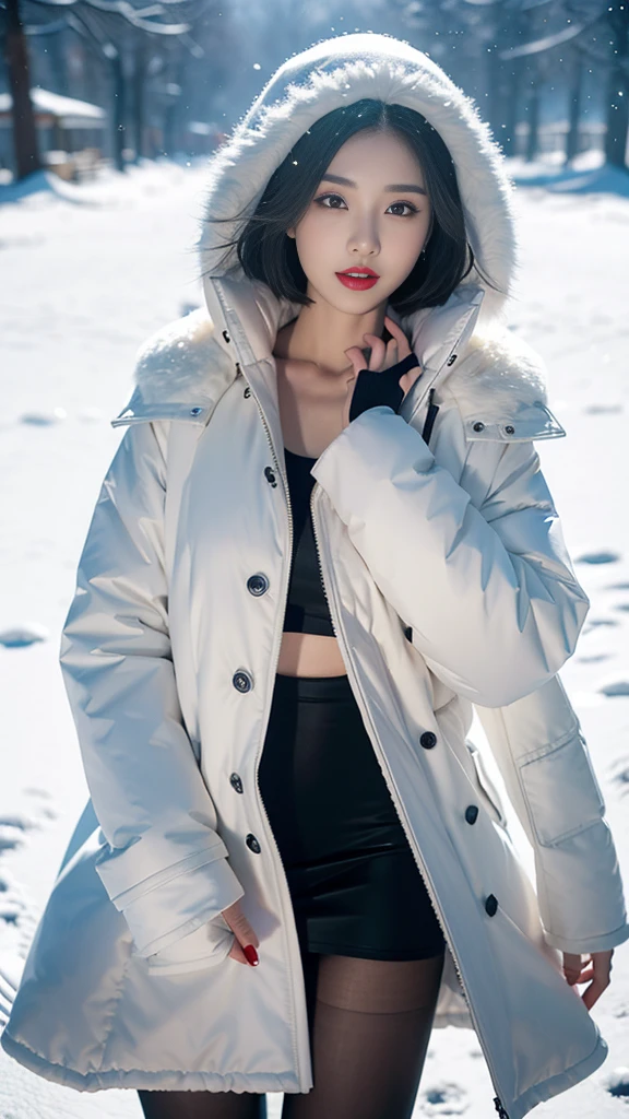 best quality, 4K, 8K, detailed face, clear face, Pretty Woman, korean makeup, red lips, laugh, perfect body,shoulder length straight short hair,,femur,slim,thin, The girl wears a long and wide coat., Underneath the jacket was a top tube and pantyhose.., lower abdomen, snow scene, winter, distance,