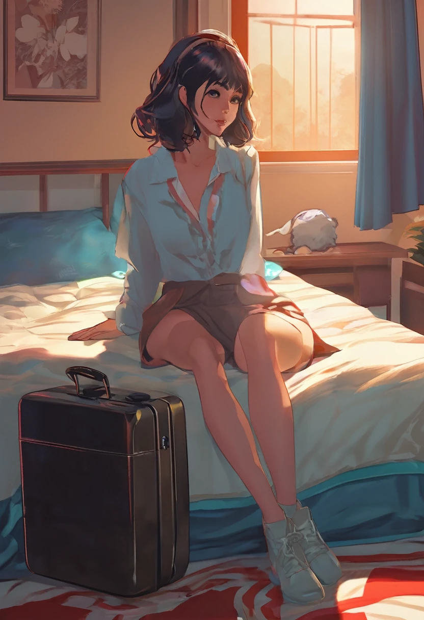 animado girl sitting on a bed with a suitcase in the background, the animado girl is crouching, female protagonist 👀 :8, beautiful animado girl squatting, de chicas de primera línea, seductive animado girl, female animado character, animado. iluminación suave, 4k animado wallpaper, guweiz en pixiv artstation, badass animado 8 k, también, breathtaking illustration from adult comic book presenting . fabulous artwork. best quality, high resolution