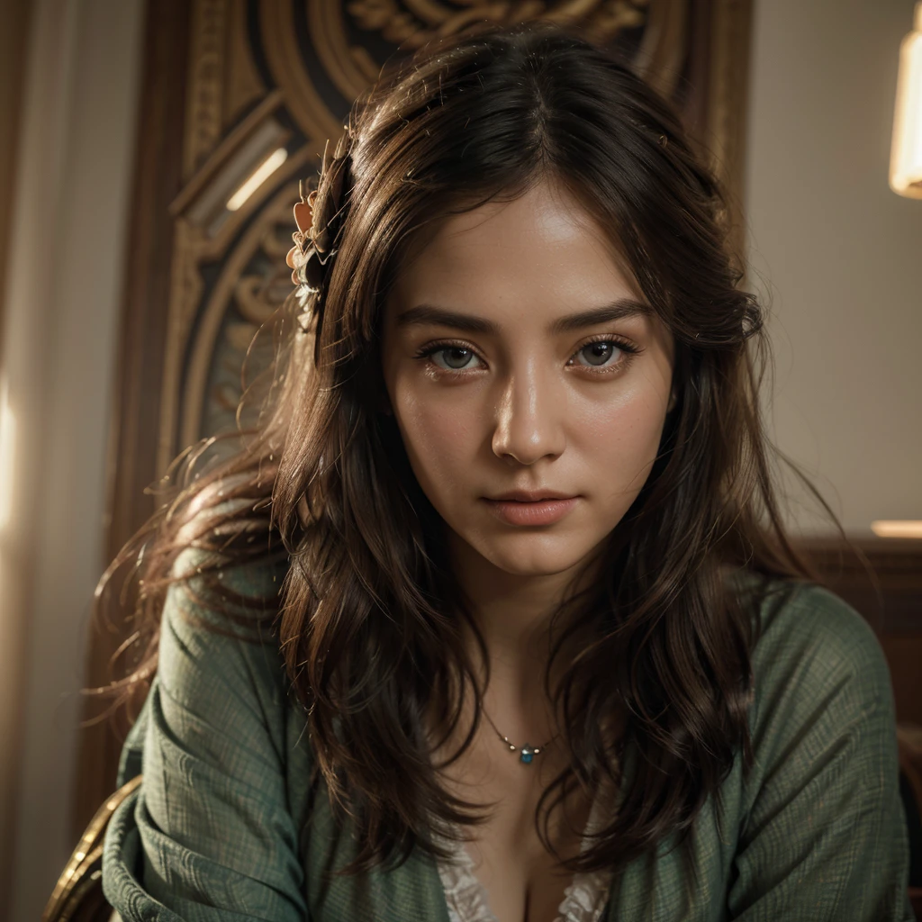 Best Quality, (Realistic, Photorealistic: 1.3), Best Quality, Highly Detailed, Masterpiece, Ultra-Detailed, Illustration, 1 Girl, Charming, Ethereal, Verve, Gaze, Dynamic Angle, World Masterpiece Theater, Best Quality, Extremely Detailed CG unity 8k wallpaper, ink, stunning, cinematic lighting, lens_flare, dunhuang_style