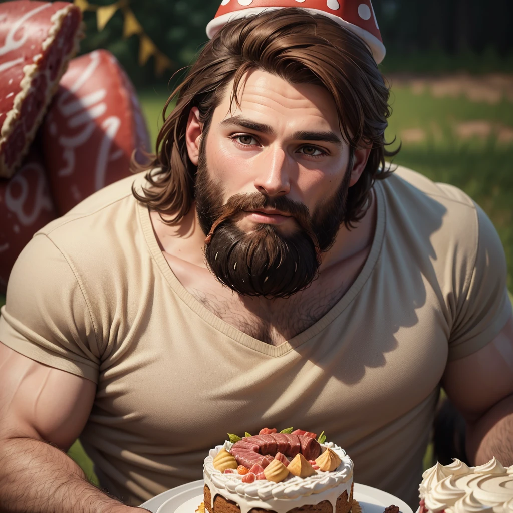 a 30 year old man with brown hair and beard, frolicking senior dogs, old senior dog eating meaty sausage birthday cake with a 50, dog-birthday, dog with party hat detailed portrait, realistic, photorealistic, highly detailed, ultra-detailed, 8k, hyperrealistic, natural lighting, vibrant colors, warm tones, depth of field, cinematic
