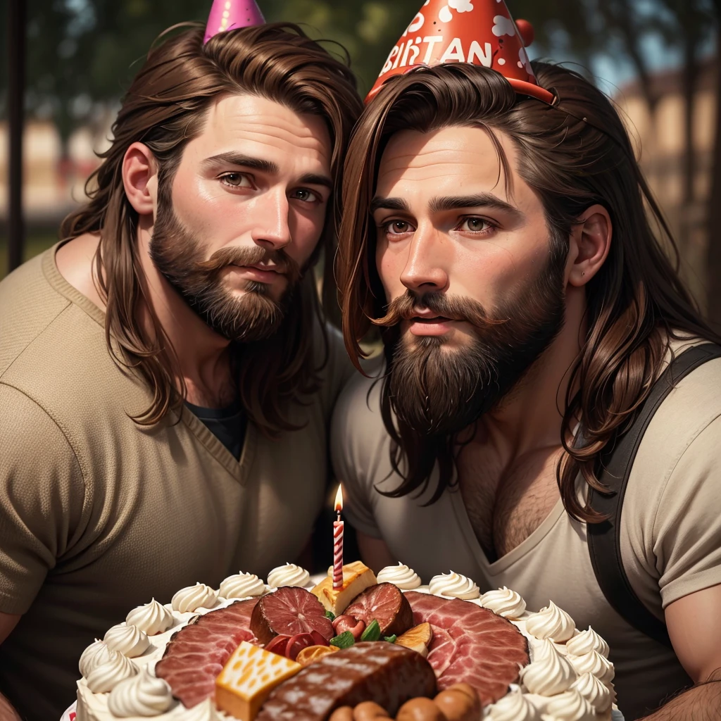 Bukake pile of large fat men with mondern hairstyles laying on a giant cake covered in powdered sugar, colourful, pastel colours, soft glow, lots of men laying on eachother, naked, loving, obese, handsome, bearded, feeding eachother cupcakes, 8 large men, man boobs, exposed genitals