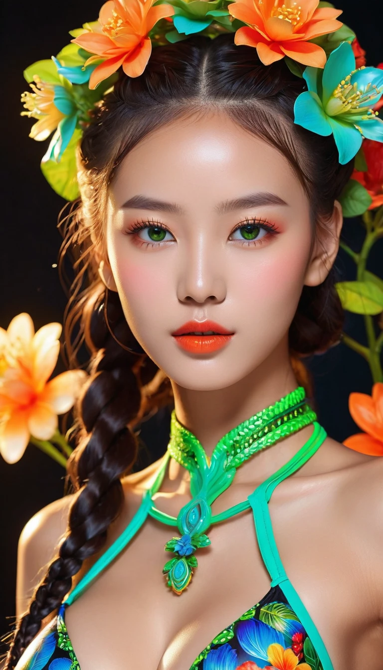 (THE GIRL IS KOREAN WITH DARK SKIN),(YOUR CHOICE CHANGE THE SEXY BIKINI CLOTHING STYLE BE CREATIVE),((portrait of a girl in the ultraviolet backlighting on her:1.24)), ((Glowing 3D objects interact with graphics,Super detailed illustrations)), (1girl: 1.3, 16 years),(((BLACK FRENCH BRAIDS HAIR))), ((perfect hands:1.2)), ((perfect female body:1.4)), cute KOREAN WOMAN, CUTE SMILE,(FULL RED LIPS WITH MOUTH SLIGHTLY OPEN) ((super fluorescent colourful and extremely intricately detailed photo of Hyperrealistic art Wonderful, intricate (fluorescent colorful:1.4))), photorealistic Realism 8K Quality, fashion supermodel, (Glamour, paparazzi taking pictures of her), (beautiful slim and sharp face), ((ultra absurd details of realistic , perfectly round GREEN eyes: 1.3 in Ultra absurd quality and resolution)), (Ultra sharp GREEN eyes, clear absurd quality, not blurry), ((fine detailed pupils: 1.4)), pink_makeup:1.2, blue_eyeliner, red_lipstick:1.4,(perfect dark_eyeshadows), (Detailed nose:1.2), Intricate detail face, (perfect composition), ((orange, green, black, red flower clusters: 1.44)), break, ((fluorescent flower clusters printed on skin: 1.33)), ((A model shows off glowing body paint covering her private parts in a vivid BIKINI artistic display)), ((Beautiful girl with long legs and good style:1.2)), ((HUGE firm and full breasts:1.3)),(CLEAVAGE SEPARATED),(BREASTS CAN NOT BE VIEWED BY VIEWER), (dynamic pose:1.25),,(Erotic:1.33), (((cowboy shot:1.3))),