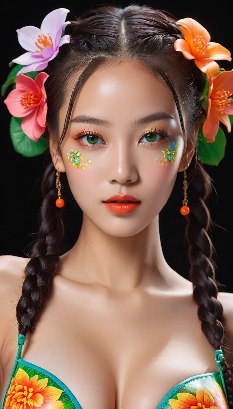 (THE GIRL IS KOREAN WITH DARK SKIN),(YOUR CHOICE CHANGE THE SEXY BIKINI CLOTHING STYLE BE CREATIVE),((portrait of a girl in the ultraviolet backlighting on her:1.24)), ((Glowing 3D objects interact with graphics，Super detailed illustrations)), (1girl: 1.3, 16 years),(((BLACK FRENCH BRAIDS HAIR))), ((perfect hands:1.2)), ((perfect female body:1.4)), cute KOREAN WOMAN, CUTE SMILE,(FULL RED LIPS WITH MOUTH SLIGHTLY OPEN) ((super fluorescent colourful and extremely intricately detailed photo of Hyperrealistic art Wonderful, intricate (fluorescent colorful:1.4))), photorealistic Realism 8K Quality, fashion supermodel, (Glamour, paparazzi taking pictures of her), (beautiful slim and sharp face), ((ultra absurd details of realistic , perfectly round GREEN eyes: 1.3 in Ultra absurd quality and resolution)), (Ultra sharp GREEN eyes, clear absurd quality, not blurry), ((fine detailed pupils: 1.4)), pink_makeup:1.2, blue_eyeliner, red_lipstick:1.4,(perfect dark_eyeshadows), (Detailed nose:1.2), Intricate detail face, (perfect composition), ((orange, green, black, red flower clusters: 1.44)), break, ((fluorescent flower clusters printed on skin: 1.33)), ((A model shows off glowing body paint covering her private parts in a vivid BIKINI artistic display)), ((Beautiful girl with long legs and good style:1.2)), ((HUGE firm and full breasts:1.3)),(CLEAVAGE SEPARATED),(BREASTS CAN NOT BE VIEWED BY VIEWER), (dynamic pose:1.25),,(Erotic:1.33), (((cowboy shot:1.3))),