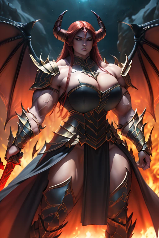 ((Massive beautiful, buff, pale white skinned muscular dark paladin asian woman with red hair, giant demon wings, black lipstick, ginormous bulky muscles, carrying a giant sword and wearing full black demonic paladin knight armored with a long tiered skirt)), ((close view)), large breast, massive muscles, massive biceps, hyper muscle shoulders, (giant demon wings), hyper muscle triceps, (long hair), yellow eyes, (demon Paladin boots), (demon armor), (long tiered skirt), breastplate, (demonic gauntlets), (Shoulder armor), closed smile, (in a fire hellish castle), (Dark and moody universe:1.3), Vascular arms, hyper muscles arms, hyper muscle legs, massive buff arms.
