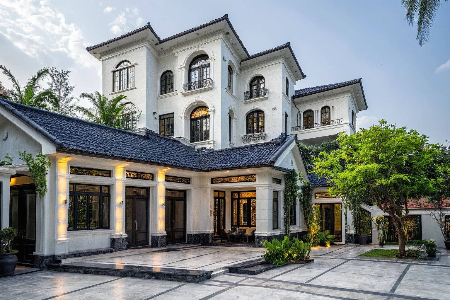 (masterpiece:1.2), best quality, photo of A two-story modern house in VietNam with dark tiles on the roof., (dark granite tiled wall:1.2), neo classic detail, tree and plant environment,daylight, streetcapes, natural light, vivid color, The exterior of an elegant single family home features large windows, a dark gray door frame.